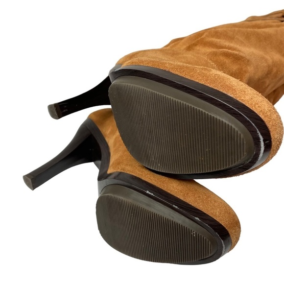 Michael Kors Cognac Suede Slouch buckle pull on knee high Boot heels size 8.5 M - Picture 8 of 10